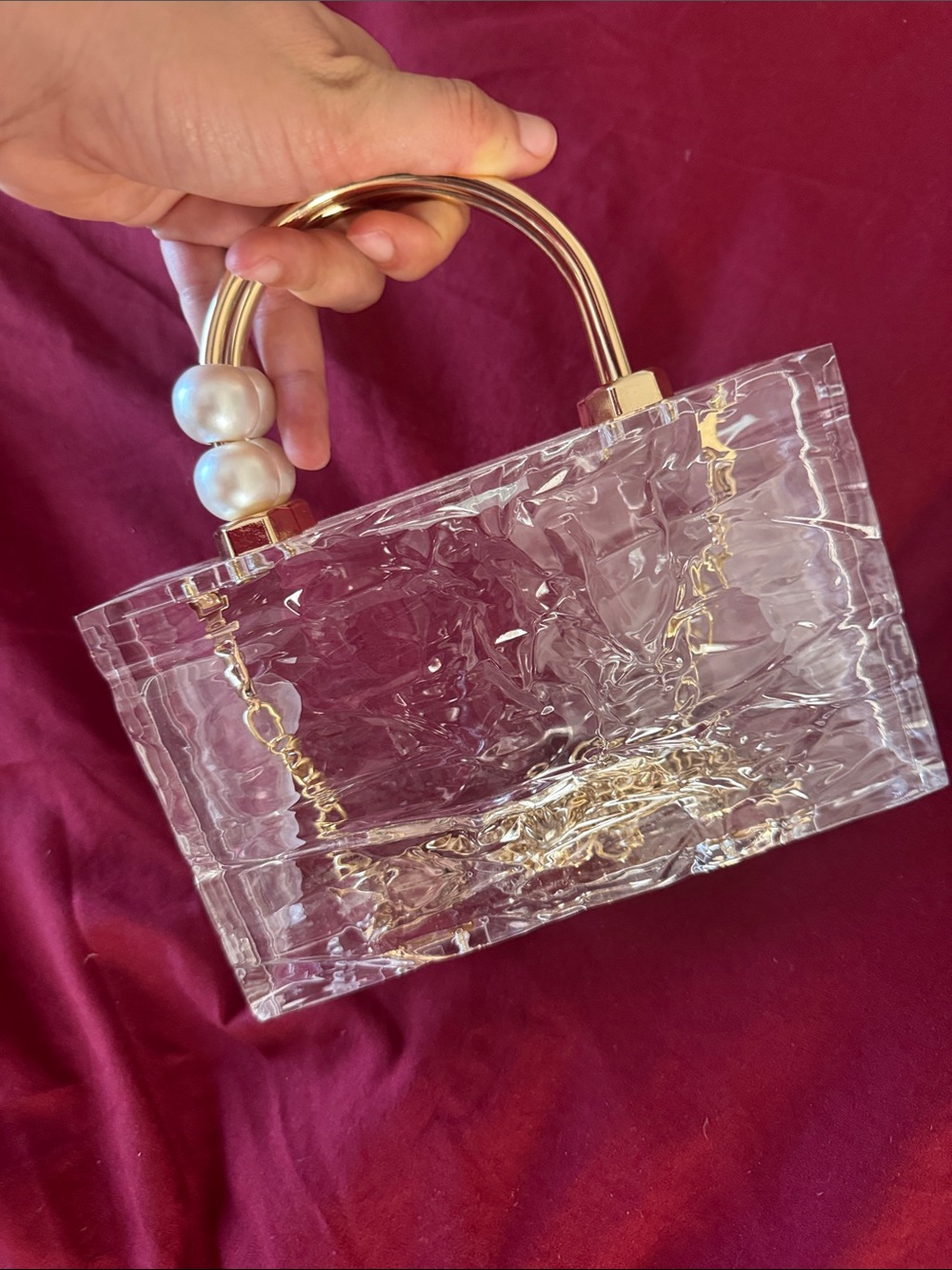 Clear Acrylic Box Bag with Gold Handle and Pearl Accent - Picture 3 of 3
